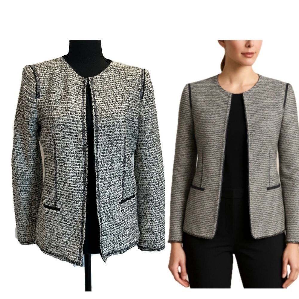 Zara Ivory white black metallic silver tweed long sleeve open front blazer Sz M